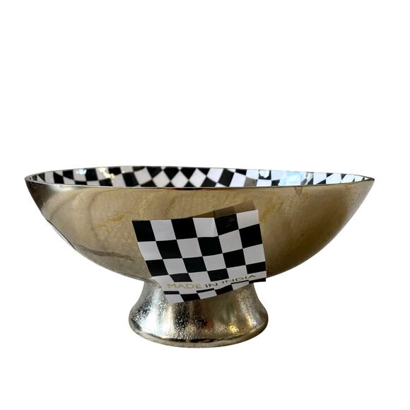 Black & White Checkered Enameled Gold Metal Bowl 10" Made in India NEW - Picture 7 of 16
